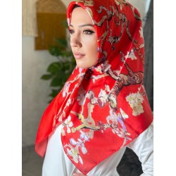 Van gogh çiçekli kırmızı eşarp 